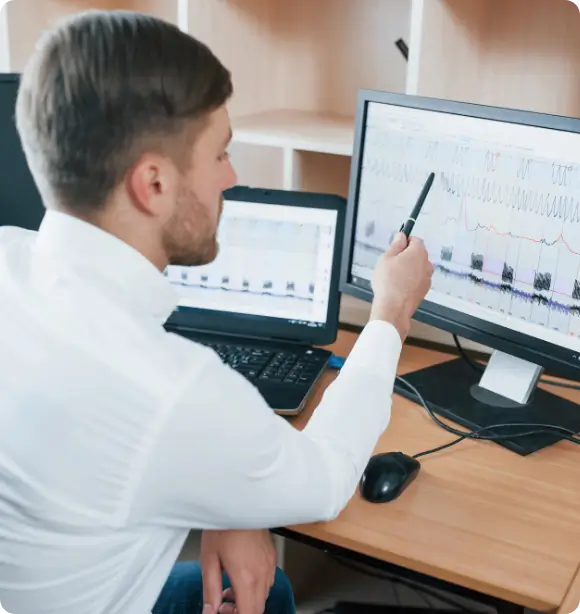 Professional analyzing structured enterprise data dashboard for strategic decision making